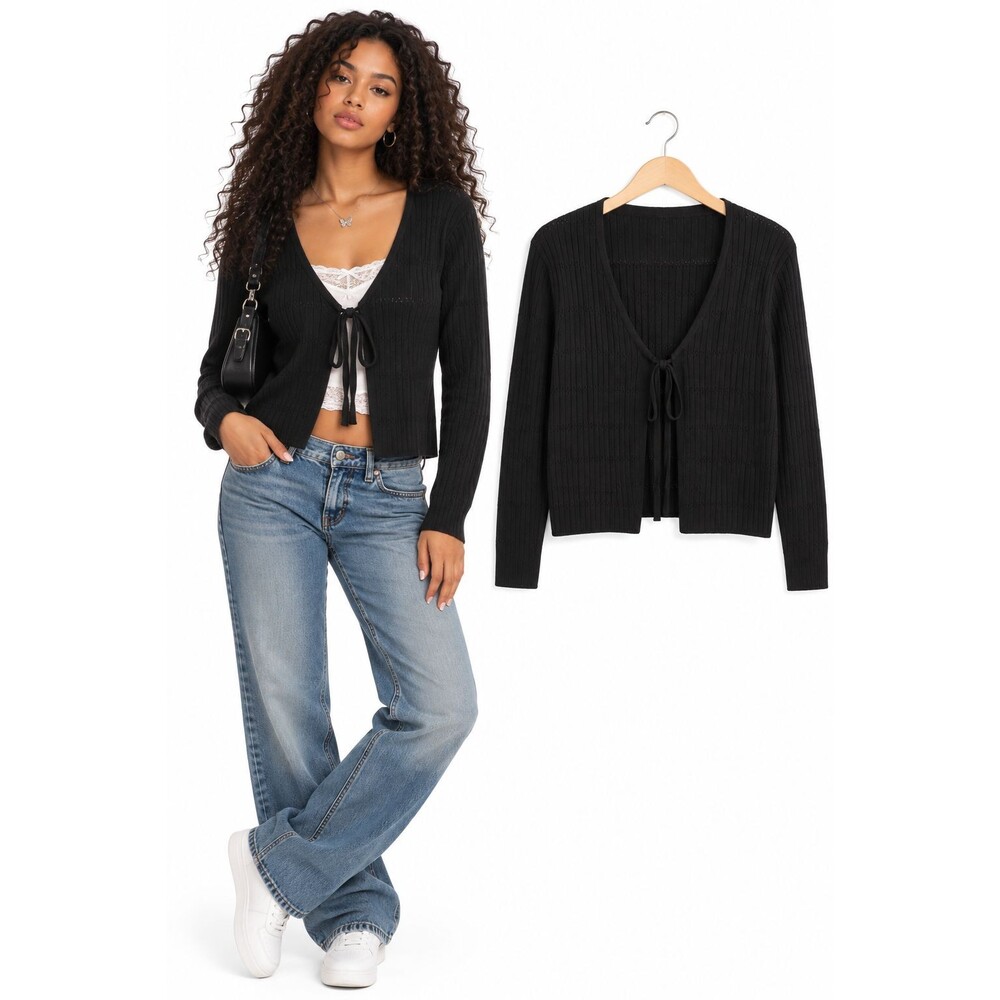 New YesFashion Rib Knit Shrug Sweaters Cardigan Large Tie Front Long Sleeve